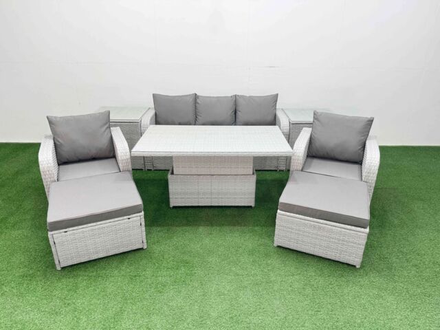 Fimous PE Rattan Garden Furniture Set Reclining Chair Sofa Lounge Sofa Set Adjustable Lifting Dining or Coffee Table 2 Side Table 2 Big Footstool - image 1