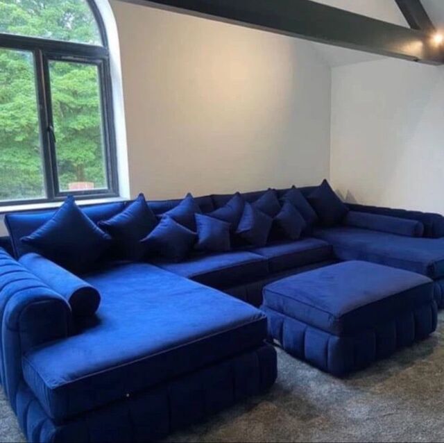 HOB Furniture Oyster Oxford U Shape Chaise Sofa - Sofa With Footstool - 14ftx7ftx7ft in Mid Navy