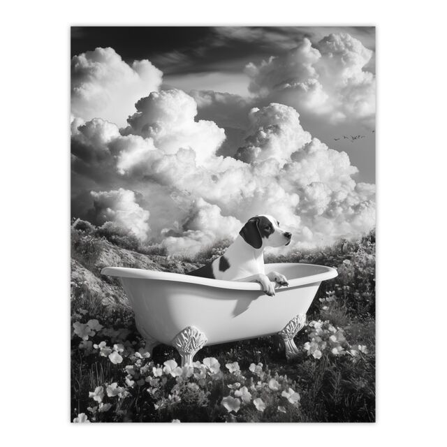 "Artery8 Dog Lover Beagle in Floral Meadow Bathtub Surreal Wall Art Print in Grey - Size: W24"" x H32""" - image 1