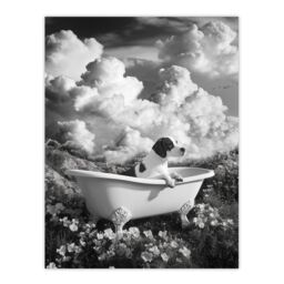 "Artery8 Dog Lover Beagle in Floral Meadow Bathtub Surreal Wall Art Print in Grey - Size: W24"" x H32""" - thumbnail 1