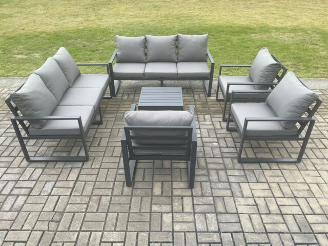 Fimous Aluminium Outdoor Garden Furniture Set Patio Lounge Sofa with Square Coffee Table 3 Armchairs Dark Grey - image 1
