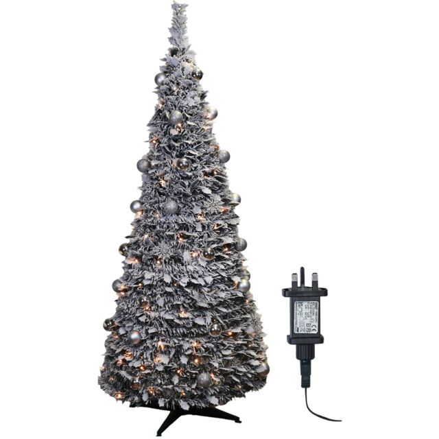 Pegdev Christmas Pop Up Pre Decorated Tree 200 LEDs Frosted Leaves Silver Baubles Timer Stand 2.1m in Green - image 1