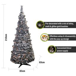 Pegdev Christmas Pop Up Pre Decorated Tree 200 LEDs Frosted Leaves Silver Baubles Timer Stand 2.1m in Green - thumbnail 2