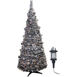 Pegdev Christmas Pop Up Pre Decorated Tree 200 LEDs Frosted Leaves Silver Baubles Timer Stand 2.1m in Green