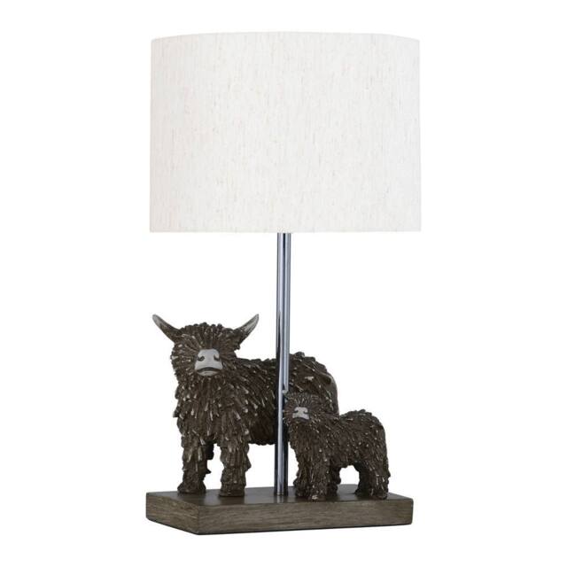 First Choice Lighting Angus & Hamish - Highland Cows Table Lamp With Oatmeal Linen Shade in Brown - image 1