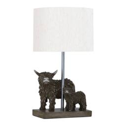 First Choice Lighting Angus & Hamish - Highland Cows Table Lamp With Oatmeal Linen Shade in Brown