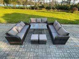Fimous 11 Seater Wicker Rattan Garden Furniture Set with Rectangular Dining Table 2 Small Footstools Patio Outdoor Lounge Sofa Set in Dark Grey - thumbnail 1