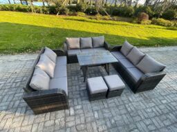 Fimous 11 Seater Wicker Rattan Garden Furniture Set with Rectangular Dining Table 2 Small Footstools Patio Outdoor Lounge Sofa Set in Dark Grey - thumbnail 2