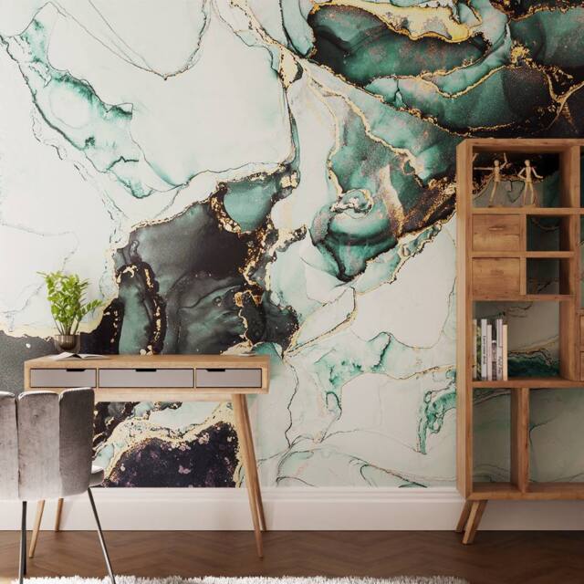 Superfresco Easy Agate Marble Teal & Gold Print To Order 3m x 2.8m Mural in Blue - image 1