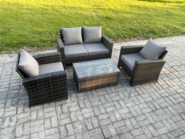 Fimous Outdoor Lounge Sofa Set Wicker PE Rattan Garden Furniture Set with Coffee Table Double Seat Sofa in Dark Grey