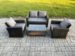 Fimous Outdoor Lounge Sofa Set Wicker PE Rattan Garden Furniture Set with Coffee Table Double Seat Sofa in Dark Grey - thumbnail 2
