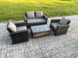 Fimous Outdoor Lounge Sofa Set Wicker PE Rattan Garden Furniture Set with Coffee Table Double Seat Sofa in Dark Grey - thumbnail 1