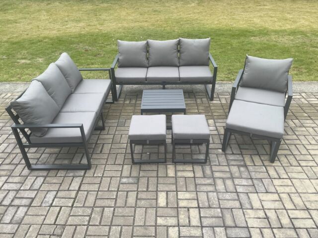 Fimous Aluminium Outdoor Lounge Sofa Set Garden Furniture Sets with Square Coffee Table Chair 3 Footstools Dark Grey - image 1