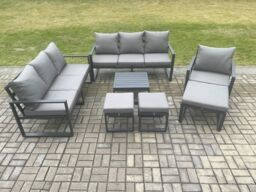 Fimous Aluminium Outdoor Lounge Sofa Set Garden Furniture Sets with Square Coffee Table Chair 3 Footstools Dark Grey - thumbnail 1