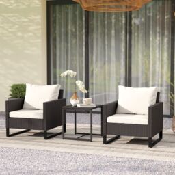 OUTSUNNY 3PCS Rattan Bistro Set Glass Top Table & Chairs with 4 Cushions in Brown - thumbnail 1