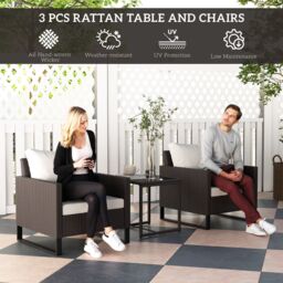 OUTSUNNY 3PCS Rattan Bistro Set Glass Top Table & Chairs with 4 Cushions in Brown - thumbnail 4