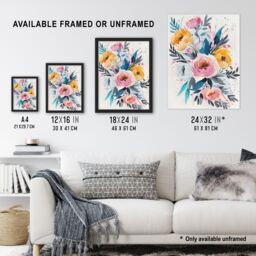 "Artery8 Elegant Peony Flower Bouquet Floral Watercolour Wall Art Print - Size: W24"" x H32""" - thumbnail 3