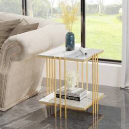 NESTLUNE Coffee Table Centre Accent Table Marble Square Bedside Table in White - Size: 100 cm x 15 cm - thumbnail 2