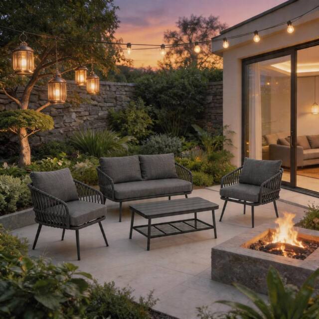 FENCHILIN 4 Seater Garden Set with Double Sofa 2 Armchairs, Wood Storage Table in Grey