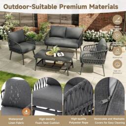 FENCHILIN 4 Seater Garden Set with Double Sofa 2 Armchairs, Wood Storage Table in Grey - thumbnail 5