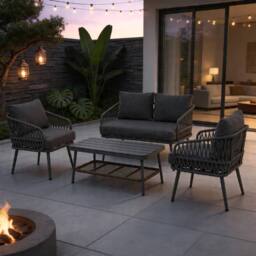 FENCHILIN 4 Seater Garden Set with Double Sofa 2 Armchairs, Wood Storage Table in Grey - thumbnail 2