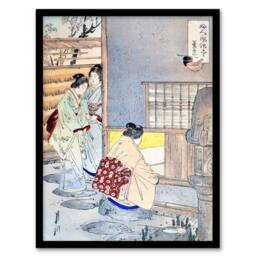 Artery8 Women Tea Gathering at Teahouse Japan Framed Wall Art Print Ogata Gekko in Blue - Size: A4 - thumbnail 1