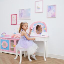 Teamson Kids Little Dreamer Rainbow Unicorn Kids Vanity Table, Pink/White in White - thumbnail 2