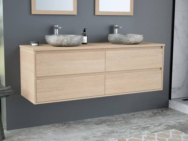 Vente-unique Wall-Hung Bathroom Unit With Double Stone Countertop Basin - Oak in Light Oak - image 1