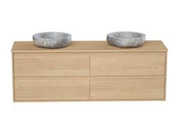 Vente-unique Wall-Hung Bathroom Unit With Double Stone Countertop Basin - Oak in Light Oak - thumbnail 4