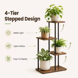 Kelvenix 4Tier Wood Metal Plant Stand Corner Flower Shelf in Brown - thumbnail 4