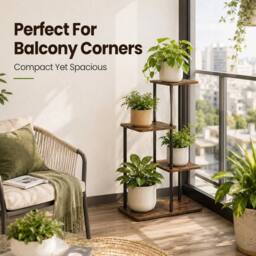 Kelvenix 4Tier Wood Metal Plant Stand Corner Flower Shelf in Brown - thumbnail 3