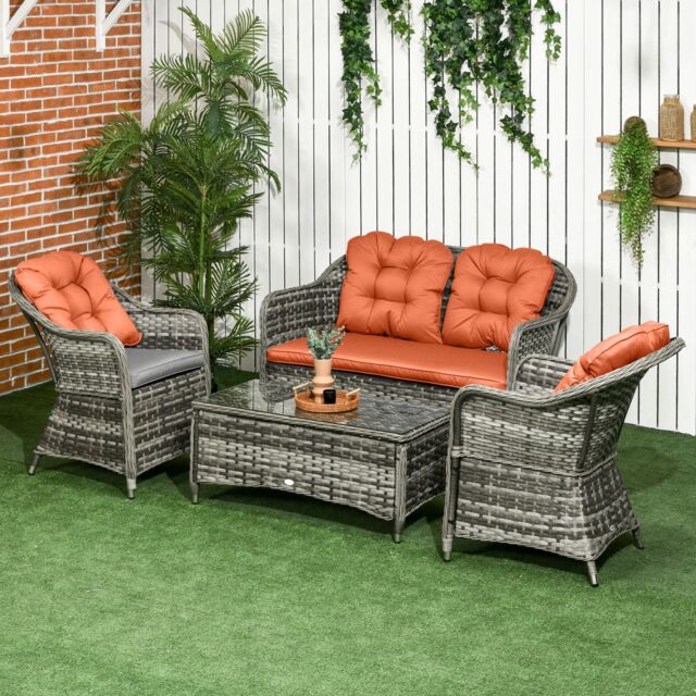 OUTSUNNY 4 Pieces Rattan Sofa Set Outdoor Conservatory Furniture with Cushions in Orange