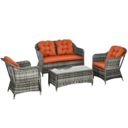 OUTSUNNY 4 Pieces Rattan Sofa Set Outdoor Conservatory Furniture with Cushions in Orange - thumbnail 2