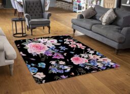 Benjamin Tate Design Bright Pink Flowers On Black Rug in Natural - Size: Large - thumbnail 2