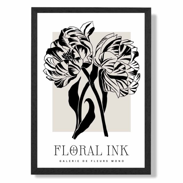 ARTZE Camelias Black & Beige Floral Ink Sketch Framed Print SIZE: A2 with Black Frame - Size: A4 - image 1