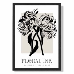 ARTZE Camelias Black & Beige Floral Ink Sketch Framed Print SIZE: A2 with Black Frame - Size: A4 - thumbnail 1