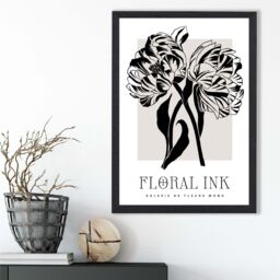 ARTZE Camelias Black & Beige Floral Ink Sketch Framed Print SIZE: A2 with Black Frame - Size: A4 - thumbnail 2