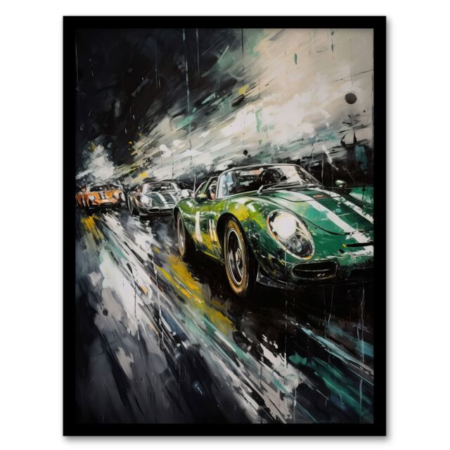 Artery8 Wall Art Print Classic Race Cars Night Scene British Racing Green Motorsport Fan For Him Man Cave Art Framed - Size: A4 - image 1
