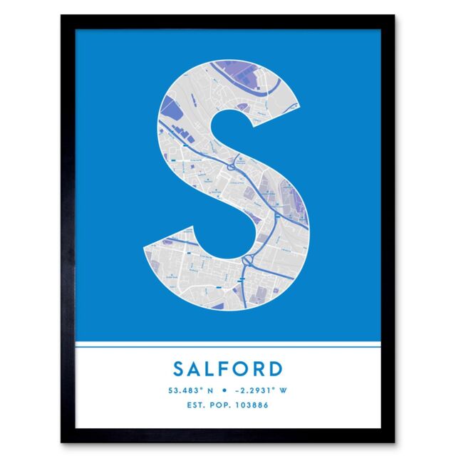 "Wee Blue Coo Wall Art Print Salford England United Kingdom City Map Modern Typography Stylish Letter Framed Word in Blue - Size: W12"" x H16""" - image 1
