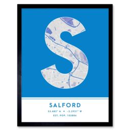 "Wee Blue Coo Wall Art Print Salford England United Kingdom City Map Modern Typography Stylish Letter Framed Word in Blue - Size: W12"" x H16""" - thumbnail 1