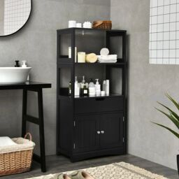 Costway Bathroom Floor Cabinet Wooden Tall Storage Cupboard Freestanding 2 Open Shelves in Black - thumbnail 3