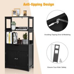 Costway Bathroom Floor Cabinet Wooden Tall Storage Cupboard Freestanding 2 Open Shelves in Black - thumbnail 4