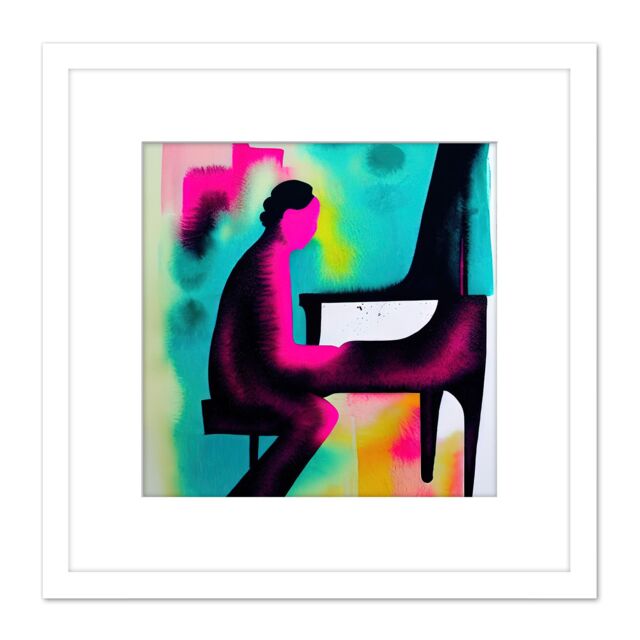 Artery8 Abstract Watercolour Jazz Piano Bar Pianist Pink & Blue Modern Illustration Square Wooden Framed Wall Art Print Picture 8X8 Inch in White - image 1
