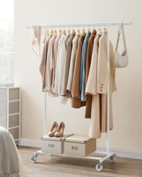 SONGMICS Portable Clothes Rack on Wheels with Extendable Rail in White - thumbnail 1