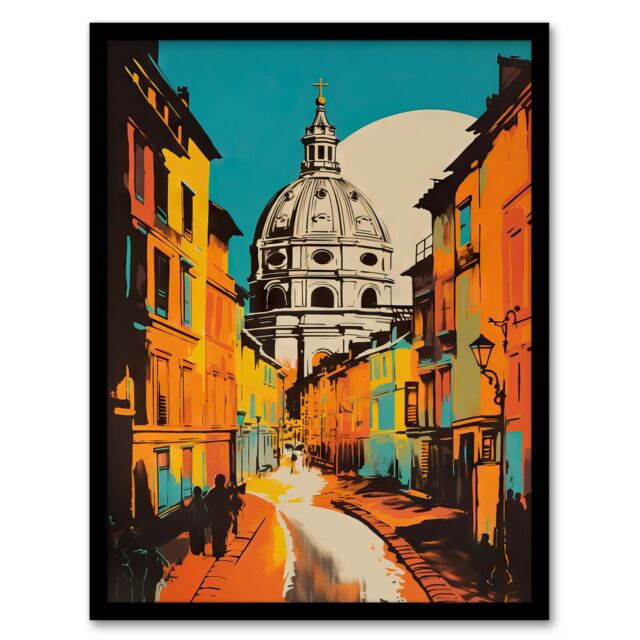 Artery8 Wall Art Print Vatican City St Peter's Basilica Vibrant Painting Yellow Orange Blue Italian City Architecture Art Framed - Size: A4 - image 1