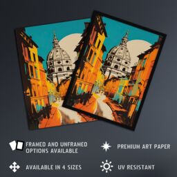 Artery8 Wall Art Print Vatican City St Peter's Basilica Vibrant Painting Yellow Orange Blue Italian City Architecture Art Framed - Size: A4 - thumbnail 2