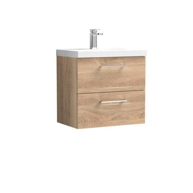 Balterley Contemporary Bathroom Wall Hung 2 Soft-Close Drawer Vanity Unit with Mid-Edge Ceramic Basin, Bleached Oak, 600 mm in Brown - image 1