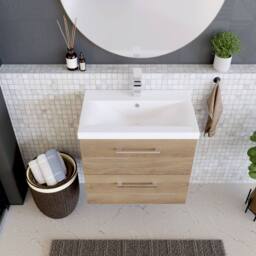 Balterley Contemporary Bathroom Wall Hung 2 Soft-Close Drawer Vanity Unit with Mid-Edge Ceramic Basin, Bleached Oak, 600 mm in Brown - thumbnail 3