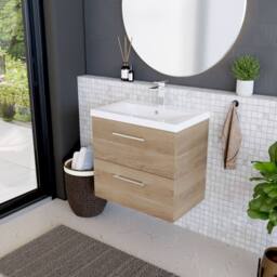 Balterley Contemporary Bathroom Wall Hung 2 Soft-Close Drawer Vanity Unit with Mid-Edge Ceramic Basin, Bleached Oak, 600 mm in Brown - thumbnail 4