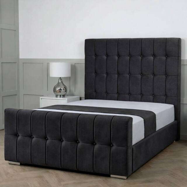 Living Comfort Bedz Belmont Plush Velvet Upholstered Bed Slatted Base - 48 Inch Headboard in Charcoal - Size: Double - image 1